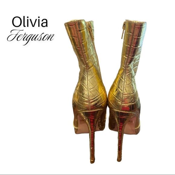 Olivia Ferguson Gold Croc Heeled Zipper Pointed Toe Boots 6 - Picture 5 of 6